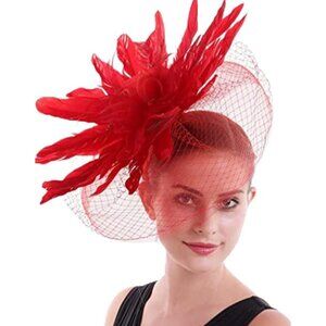 Stunning Red Feather Fascinator Hat Elegant Women’s Headpiece for Kentucky Derby